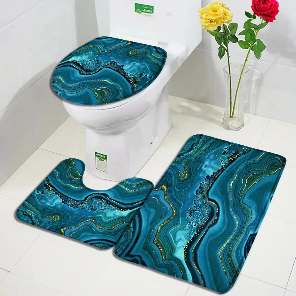 Abstract Marble Bath Mat Set Pink Blue Line Textured Modern Home Floor Carpet Bathroom Decor Anti Slip Rugs Toilet Lid Cover