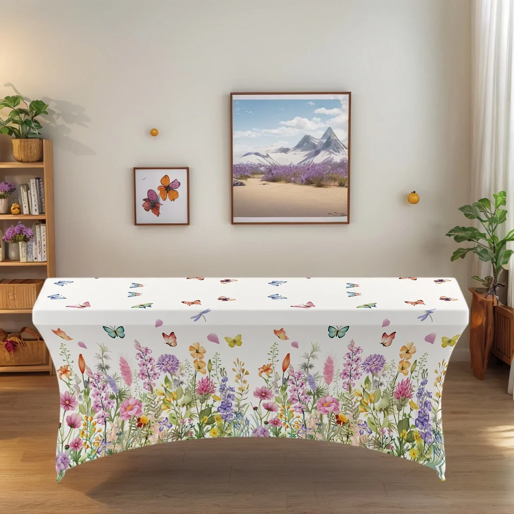 1 Stück All-inclusive-Tischdecke, Stretch-Tischdecke mit Aquarell-Wildblumen- und Schmetterlingsmotiv, geeignet für Küchenpartys