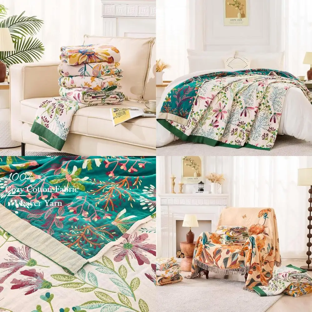 

Хлопковое богемное одеяло, деревенский цветочный принт, двустороннее осеннее одеяло 90x98, на все сезоны