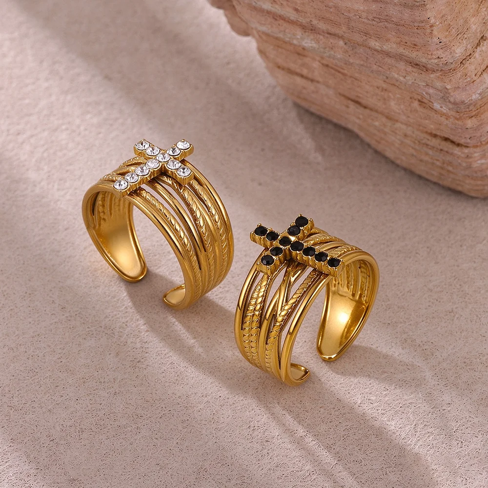 2 PCS Cross Rhinestone Open Ring Set for Women Multi Layer Twisted Band Rings Stainless Steel Punk Gothic Stackable Jewelry Gift