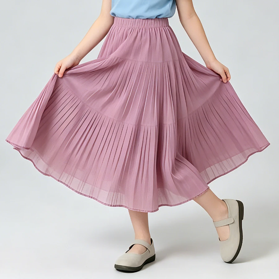 Girls Chiffon Pleated Midi Skirt Elastic Waist Flowy Tiered for Casual Wear Party School Performance Photoshoot Daily Outfit 8 Y