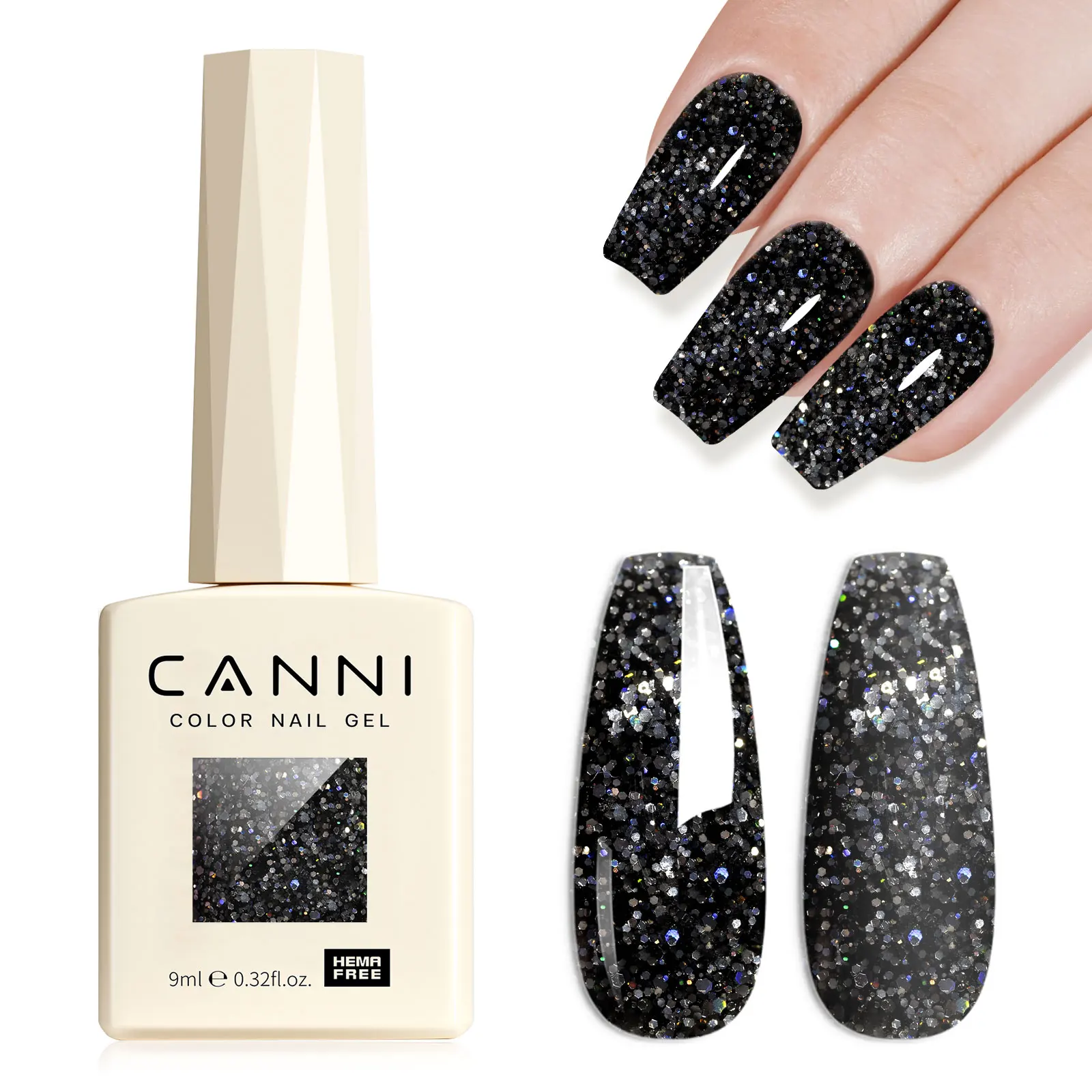 CANNI HEMA FREE Gel Nail Polish Black Glitter Diamond Sparkle Gorgeous Color Long Lasting Soak Off UV LED Gel Lacquer Super Top