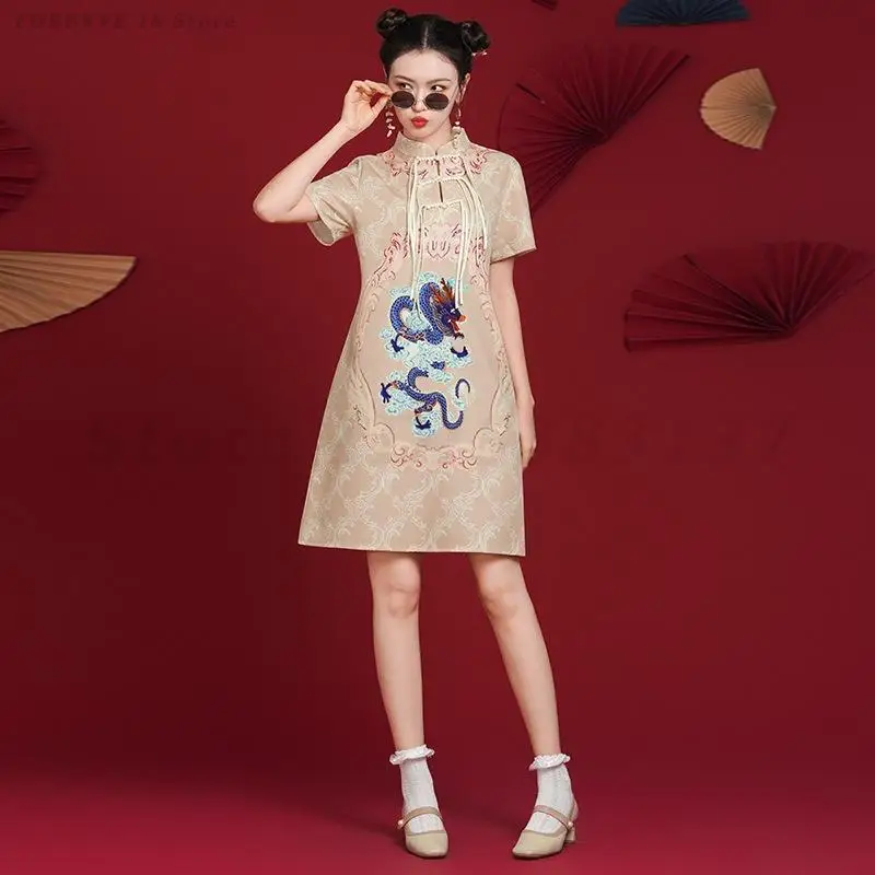 Traditional Chinese Women Qipao Cool Khaki Crane Print Loose Dress Vintage Classic Mandarin Collar Cheongdam Sexy Silm Vestidos