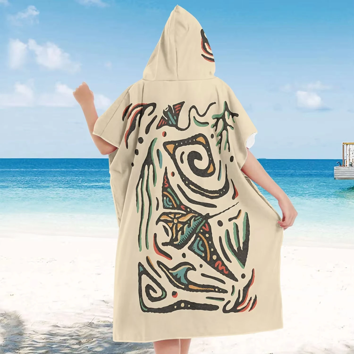 Tribal Manta Ray Quick-Dry Surf Poncho Towel Polyester Hooded Beach Changing Robe Ethnic Print Swim Poncho for Adult & Child