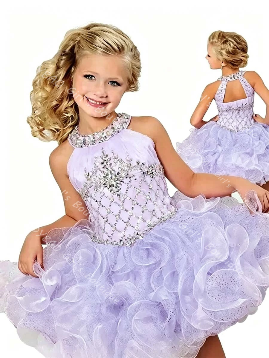 

Knee-Length Girls Princess Pageant Dress Glitter Crystal Beaded Tulle Halter Flower Girl Dress Ruffles Party Ball Gown Custom
