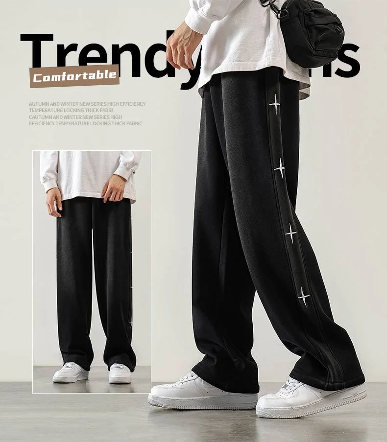 American Casual Straight Embroidered Star Fleece Washed Old Loose Pants Men's Sweatpants Pockets Warm and Soft