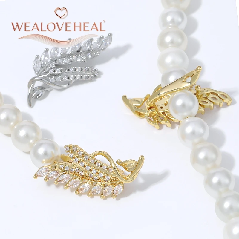 verschluss schmuck, armband verschluss, 18K Vergoldeter Messing-Weizenblatt-Perlenverschluss, Micro-Pavé-CZ-Clip-Verbinder für DIY-Halsketten- und Armband-Schmuckherstellung – Detail 15