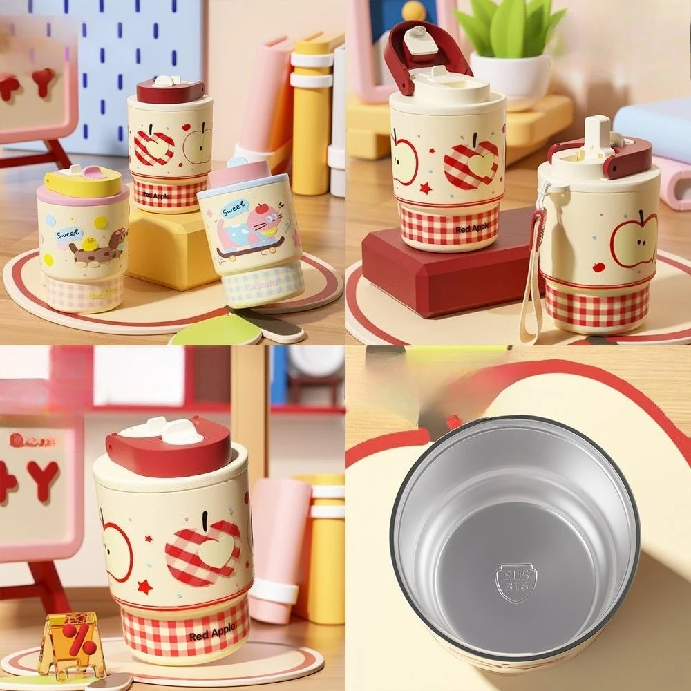 

Childrens Cartoon Double Drink Insulated Cup 316L Stainless Steel Coffee Cup for Women Stylish with Straw Portable Car Bottle