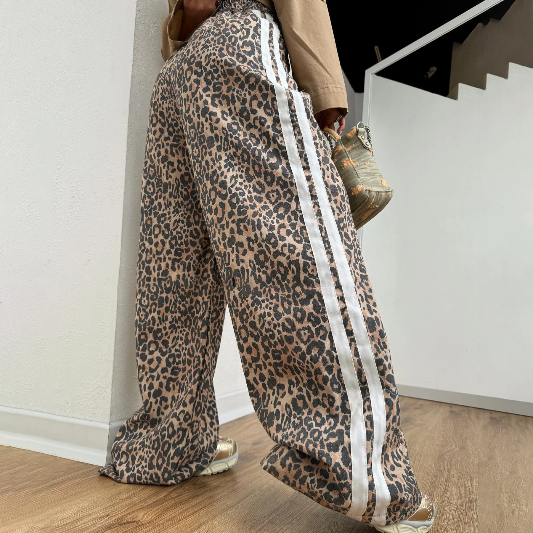 2024 New High Street Vintage Leopard Print Street Pants Woman Baggy Trousers Stripe Wide Leg Pants Oversized Casual Long Pants