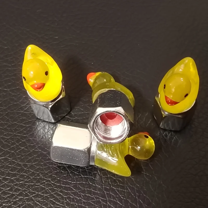 4 قطع من أغطية صمامات إطارات البط المتوهجة في الظلام - أغطية صمامات معدنية عالمية مع ملحقات مقاومة للماء بتصميم أصفر لطيف #5