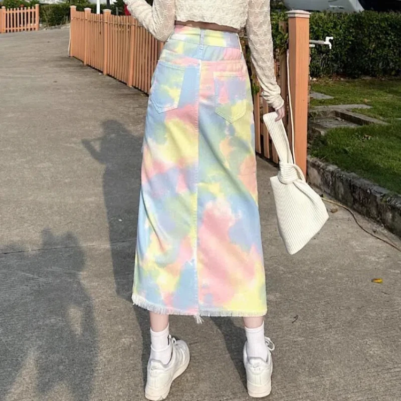 Fashion Sweet Summer Women Macaron Tie Dye Pockets Zipper Irregular Shirring Split High Waist Midi Bag Hip A-line Cowboy Skirt