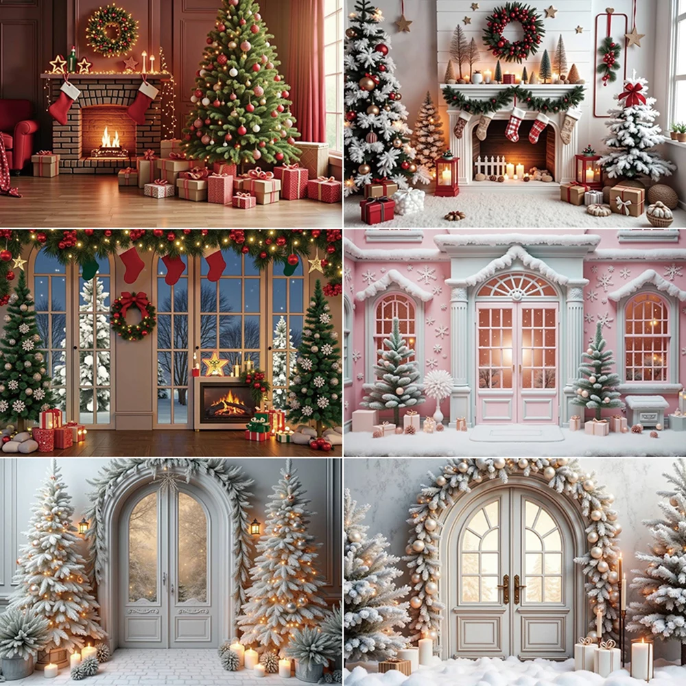 

MOON.QG 2025 Christmas Photography Background Arch Window Wooden Door New Year Photozone Backdrop Baby Photo Studio Accessories