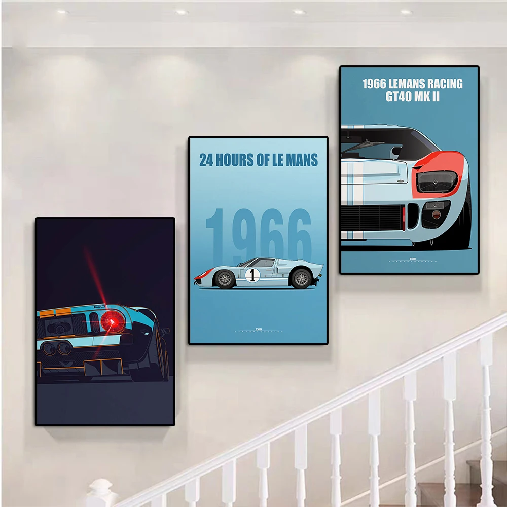 1966 Lemans Racing Ford GT40 MK2 Poster Print Retro Sports Car Canvas Painting Luxury Supercar Illustrations Wall Art Room Decor