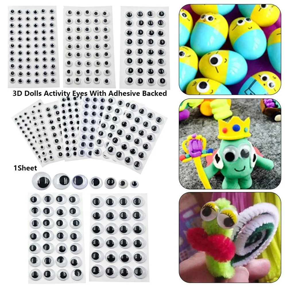 1Sheet 3D Dolls Activity Eyes Plastic DIY Accessories Toys Wiggling Moving Eyes Black&White With Adhesive Backed Kids Eyes