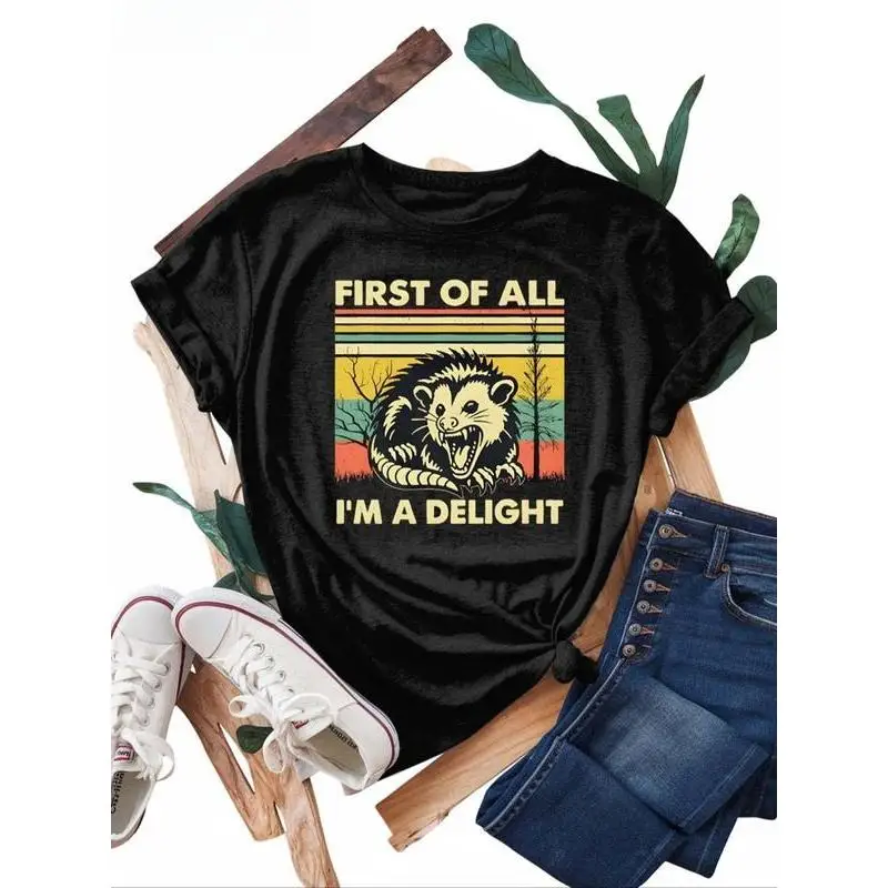 

Vintage Opossum T-shirt, "First of All I'm a Delight" Funny Graphic Tee, Women's Casual Animal Lover Gift