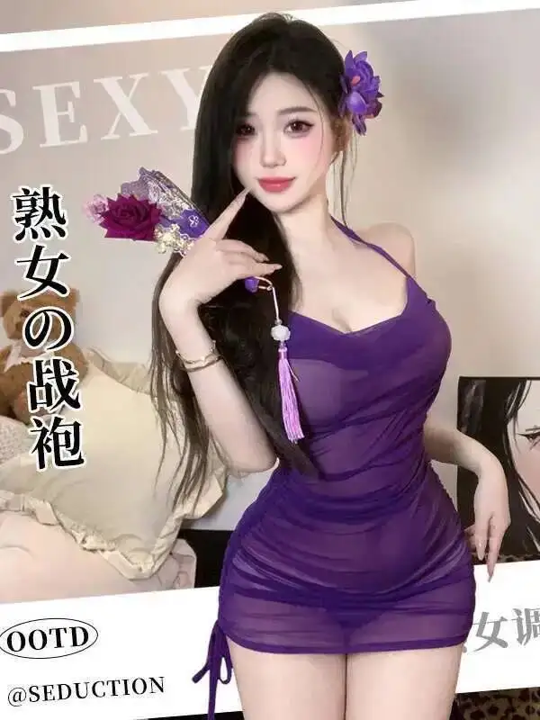 섹시한 핫걸 순수한 욕망 메쉬 서스펜더 드레스 여성용 주름진 힙 메쉬 시스루 나이트가운 드레스 우아한 한국 스타일 PU27