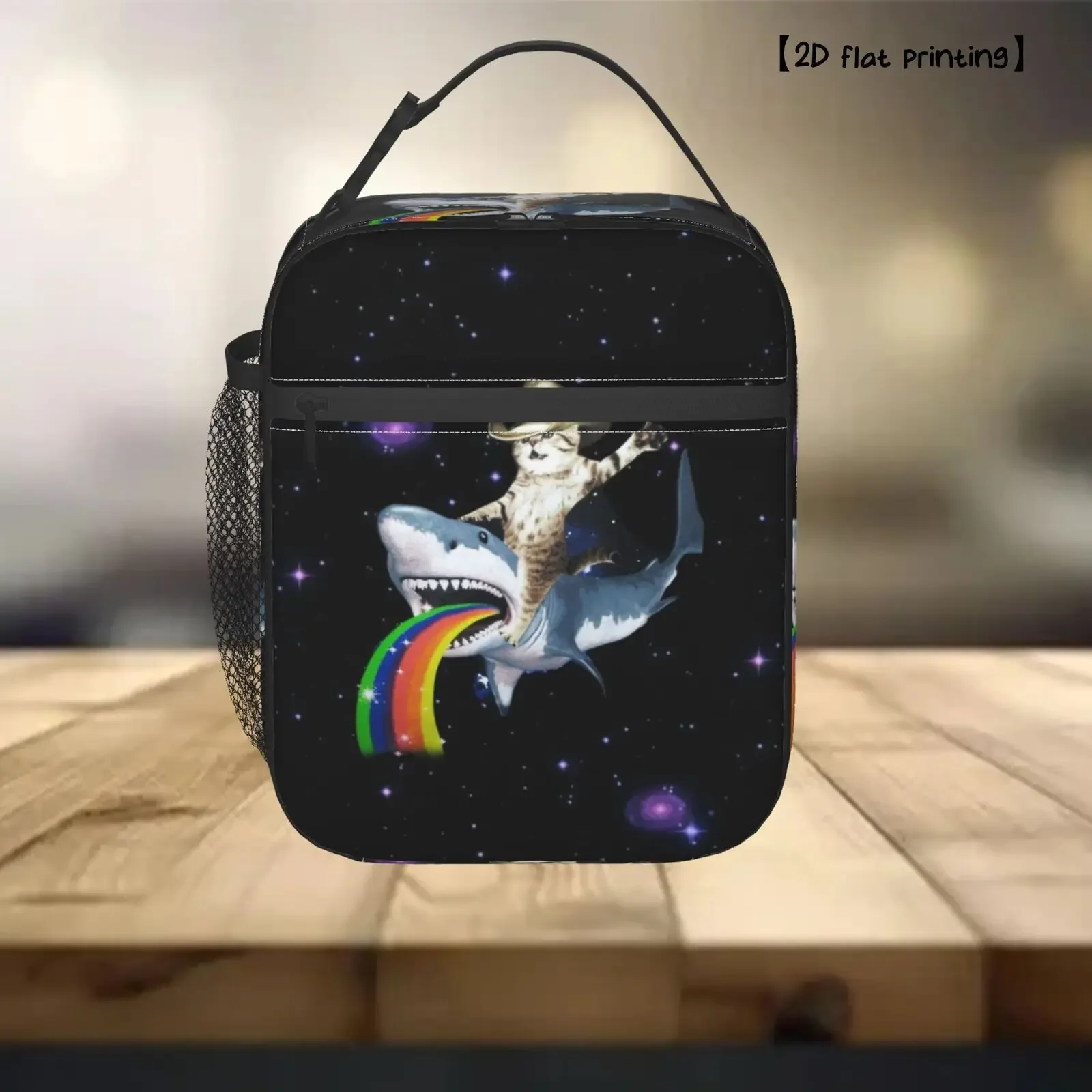 1pc [2D Flat Print] Fashionable Lunch Bag Featuring A Cat On A Shark, Reusable Bento Bag Suitable For Both Men And Women
