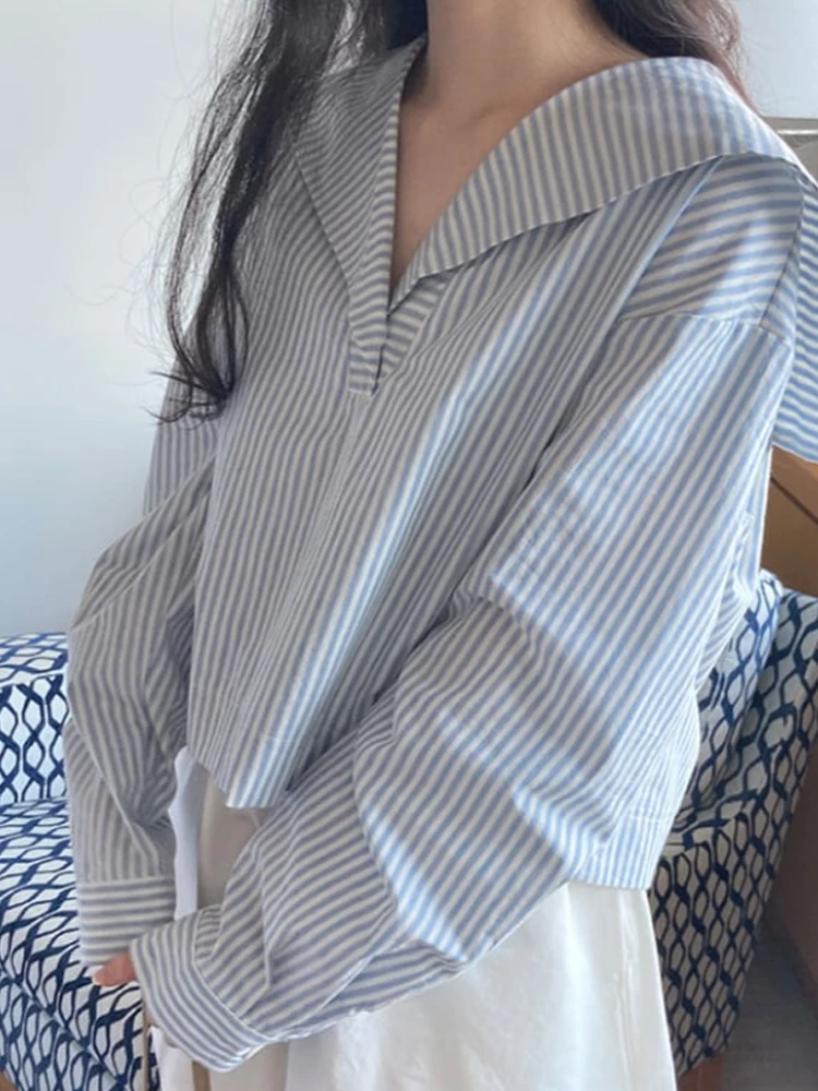 

Faionable Striped Loose Long Sve Navy Collar Women's irt Early Autumn Unique Small Top Youthful Sle Commute Trend