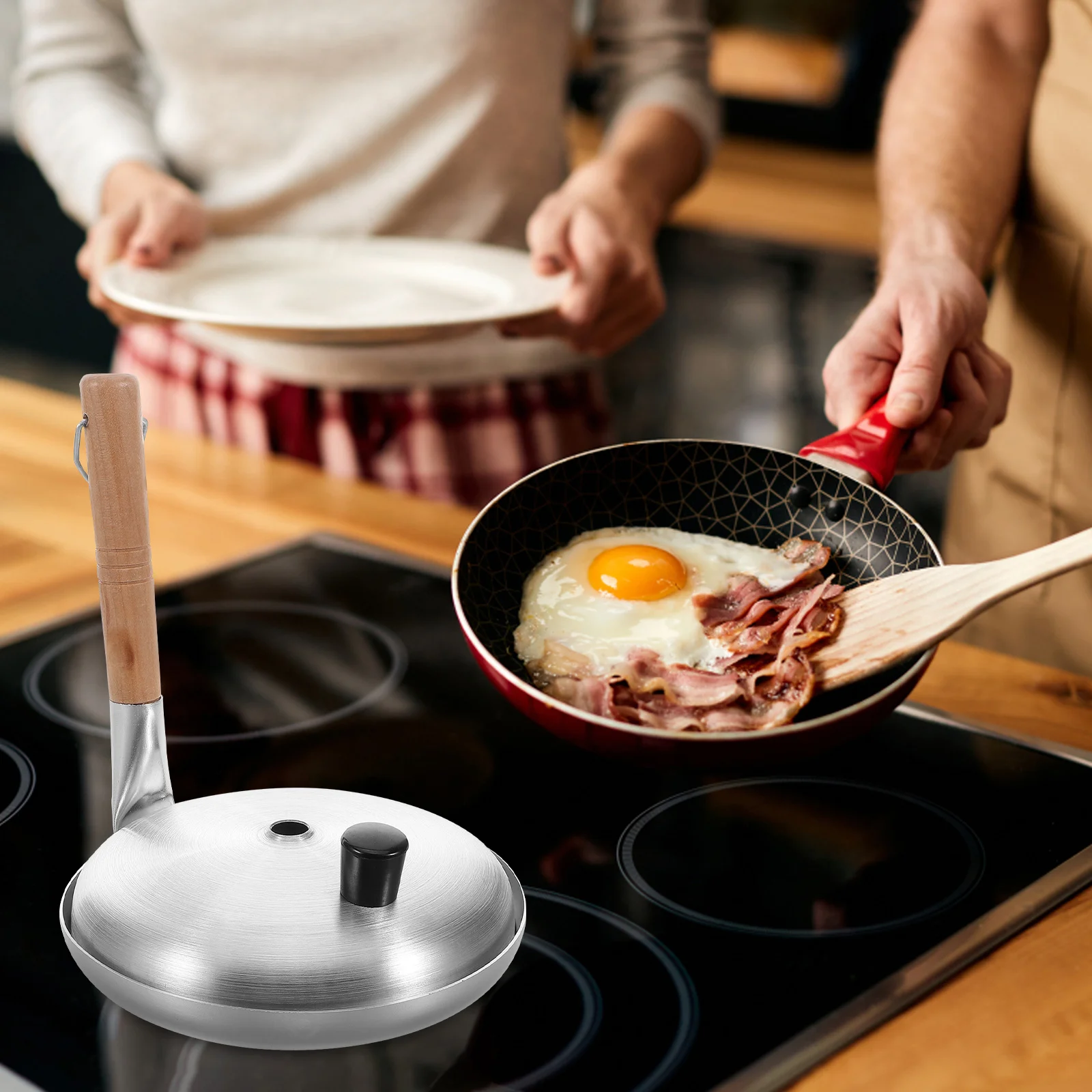 Parent-child Egg Poacher Pan Pot with Handle Silver Wooden Cute Cookware