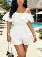 Women's White Off Shoulder Ruffle Romper - Sweet Layered Ruffle Sleeve High Waist Tiered Mini Jumpsuit for Beach Vacation&casual - Image 3