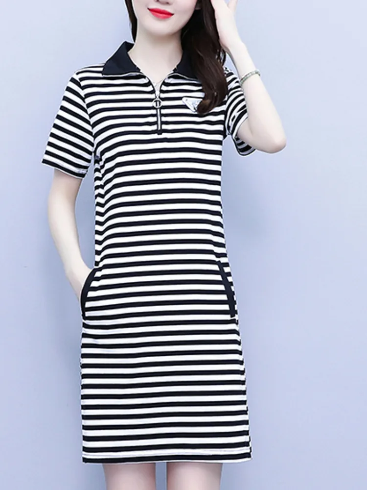 #7946 Black Striepd Short T Shirt Dress Women Turn-down Collar Zipper Polo Shirt Dress Femme Short Sleeve Slim Office Mini Dress