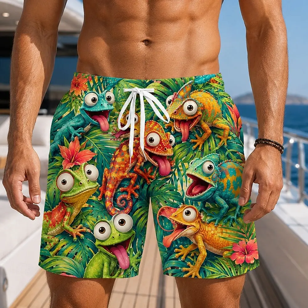 Men's Coconut Banana Toucans Print Drawstring Waist Shorts, Hawaiian Style For Spring Summer Beach Vacation Daily Casual Outfits