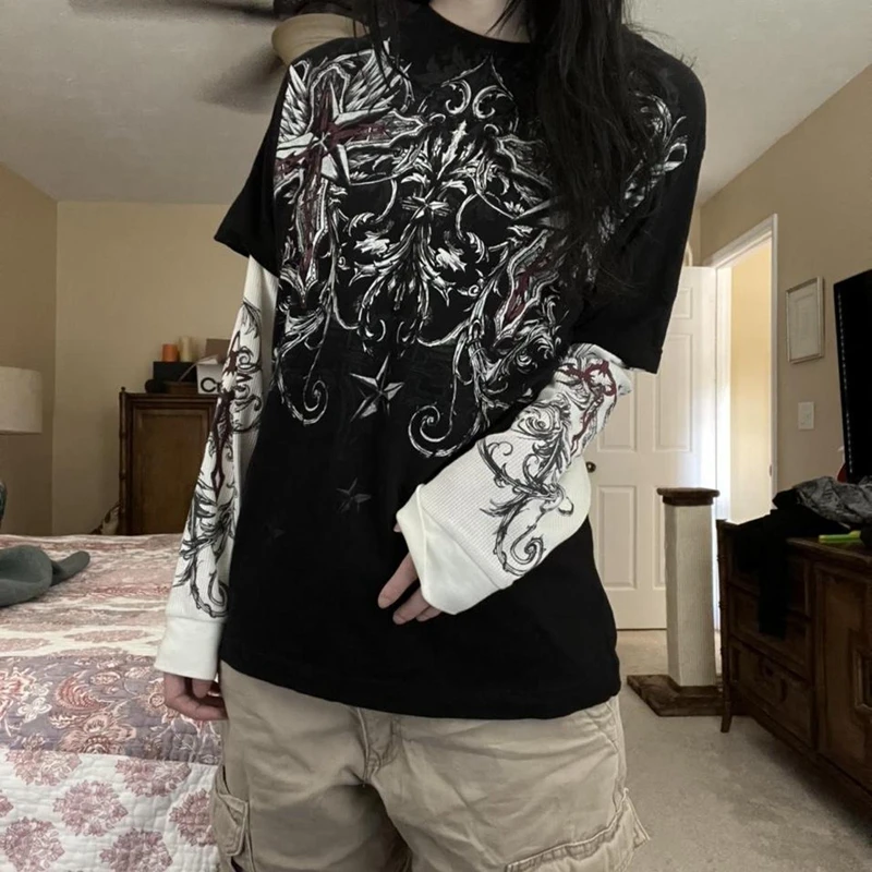 

Y2K Graphic Print Patchwork Long Sleeve Tees Harajuku Fake Two-Piece T-Shirts E Girl Vintage Korean Gothic Grunge Loose Tops