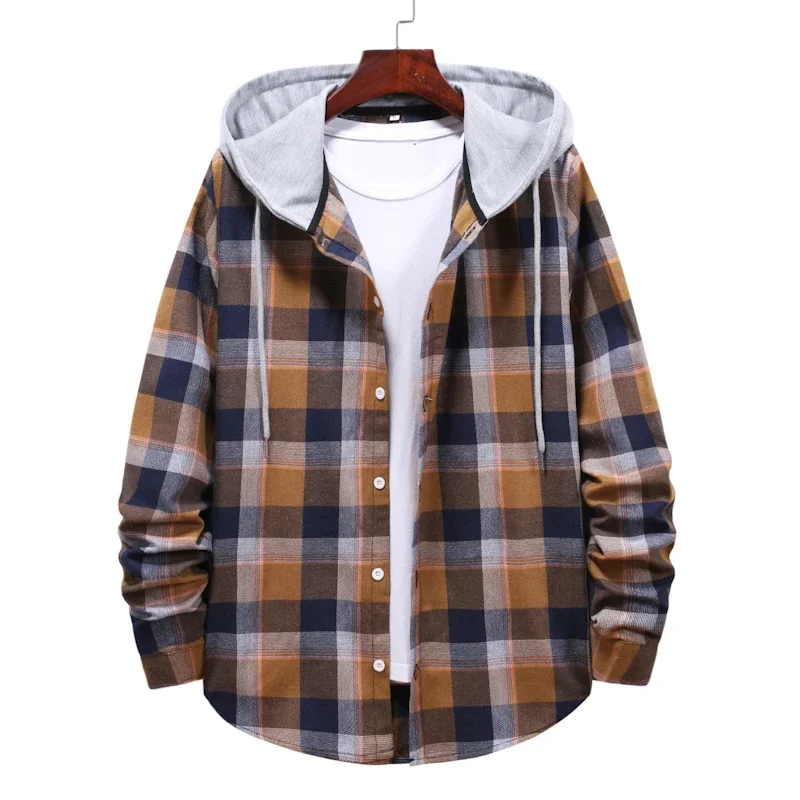 

Men's Plaid Hooded Plaid Lapel Shirt 2024 Casual Loose Long Sleeved Top Men's Fashionable Versatile Jacket