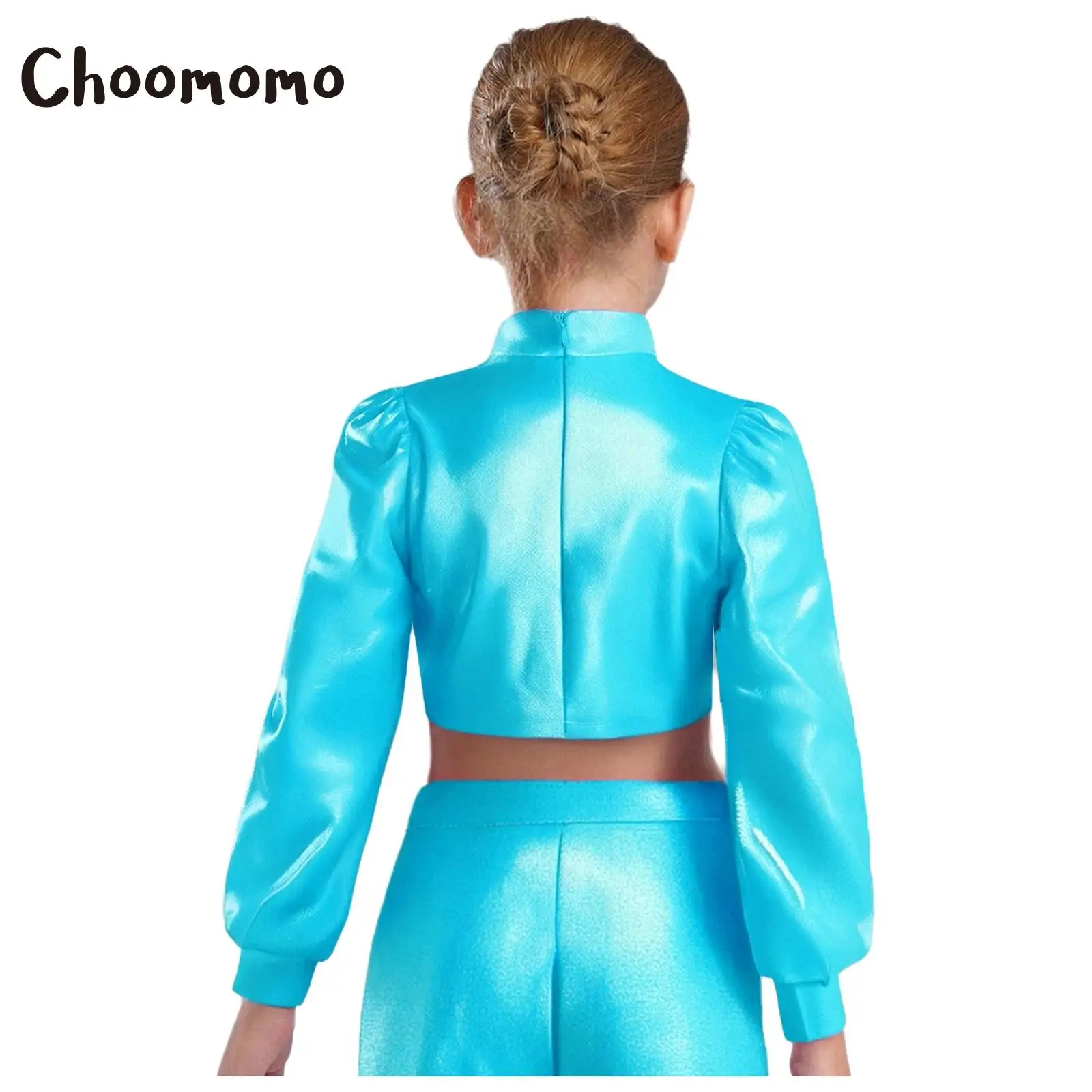 

Girls Hip-hop Jazz Dance Top Mock Neck Long Sleeves Shiny Rhinestones Metallic Crop Tops School Basketball Cheerleading Costume