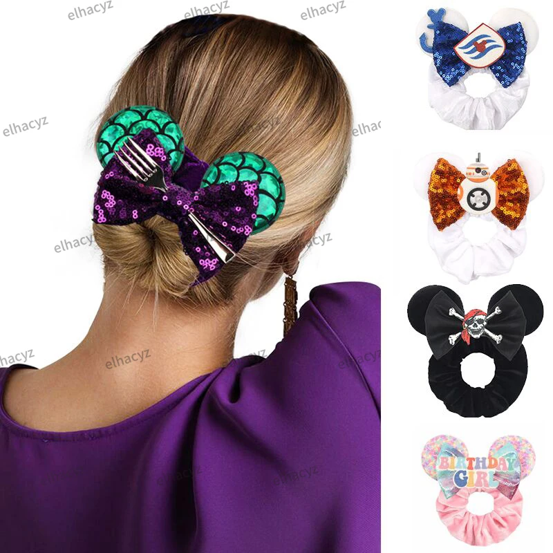 New Pirate Amusement Park Mouse Ears Hair Scrunchies Velvet Hairband For Girls Sequins Bows Headbands Women Trip DIY Accessories