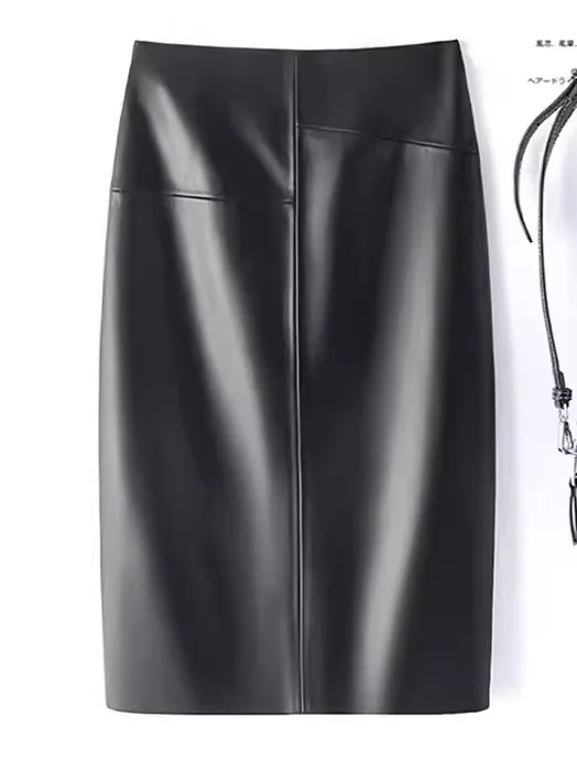 

Кожаная юбка трапециевидной формы с высокой талией и разрезом, женская юбка средней длины из овчины с запахом, корейская юбка для поездок на работу с