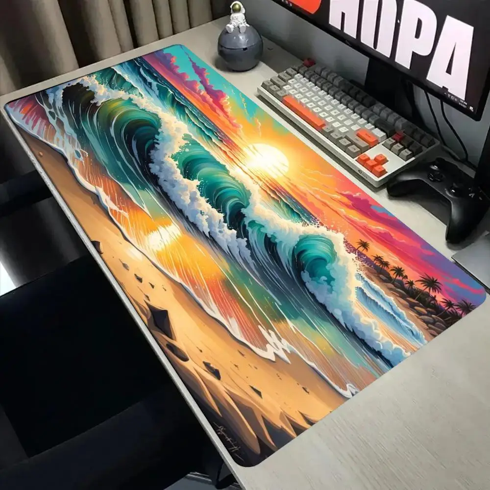 Large XXL Mouse Pad Desk Mat Keyboard Pad Retro Tropical Sunset Ocean Wave Palm Tree Beach Landscape Non Slip Summer Desk Decor