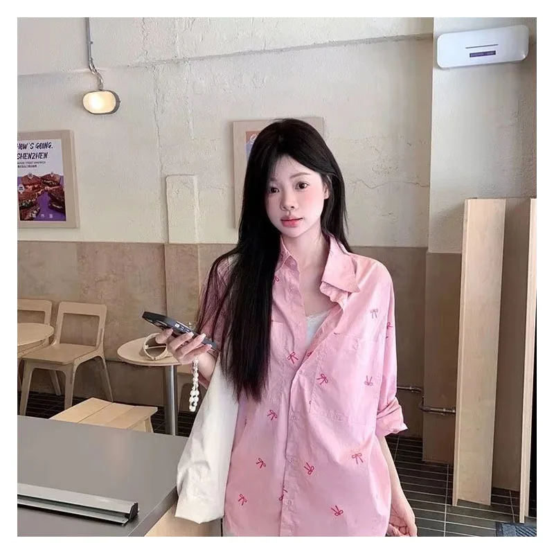 

2025 Spring New Preppy Style Sweet Long Sleeve Turn-down Collar Shirts Women Y2k Bow Printed Loose Sun Protection Jacket Top