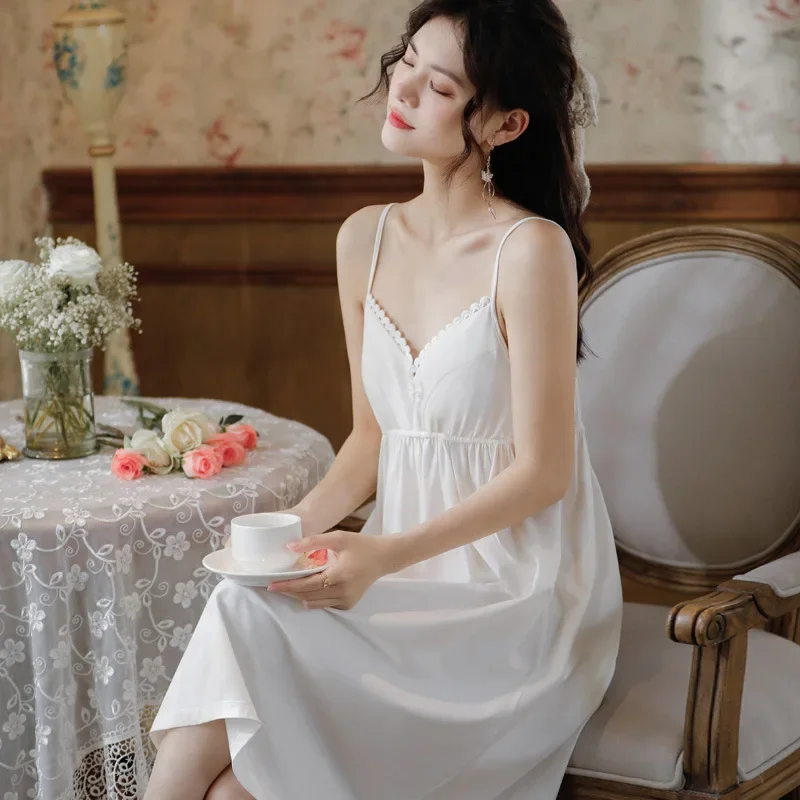 Romantic Vintage Nightgowns Fairy Cotton Mini Night Dress Princess Sleepwear Women Summer White Blue Sleeveless Lace Sexy Nighty