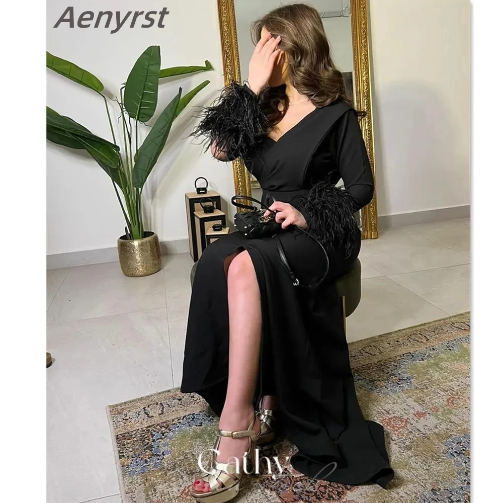 

Aenyrst Elegant Black Prom Dress Feather Sleeves Evening Dresses Sexy V-neck Chiffon Side Split Formal Occasion Gowns Women 2024