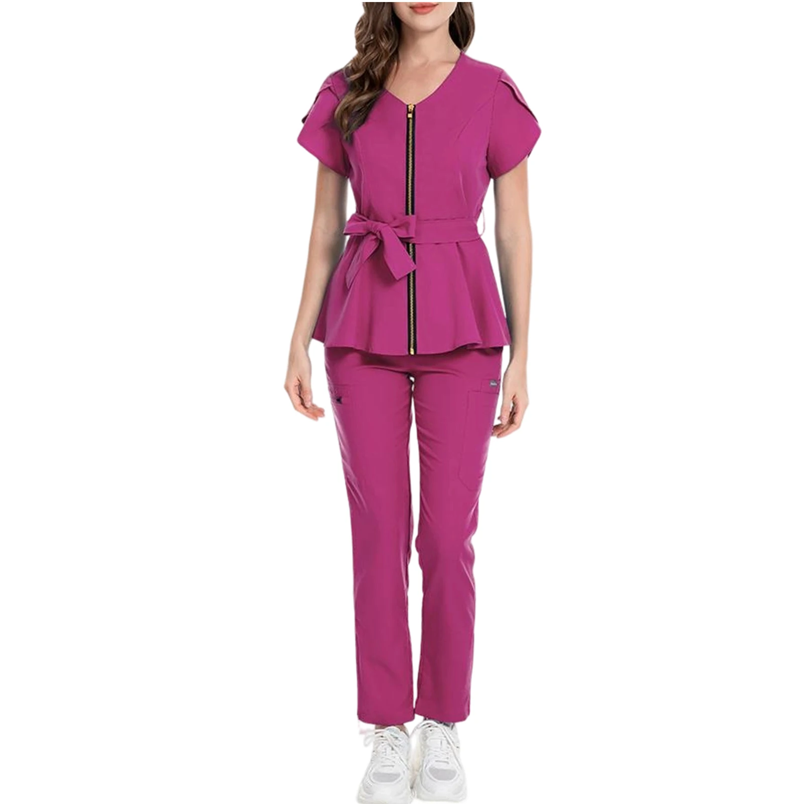 

Женский скраб для медсестры, комплект с v-образным вырезом, короткими рукавами, молнией и поясом, разноцветные длинные брюки, медицинская форма, спецодежда для здравоохранения