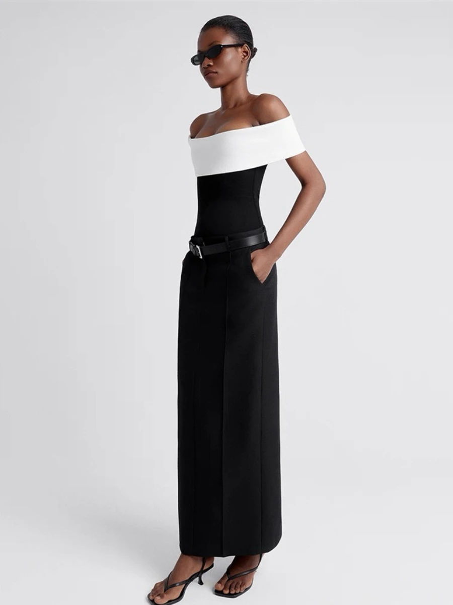 VGH Hit Color camiseta de oficina para mujer cuello barco fuera del hombro adelgazante Tops de punto minimalistas ropa femenina de otoño nueva