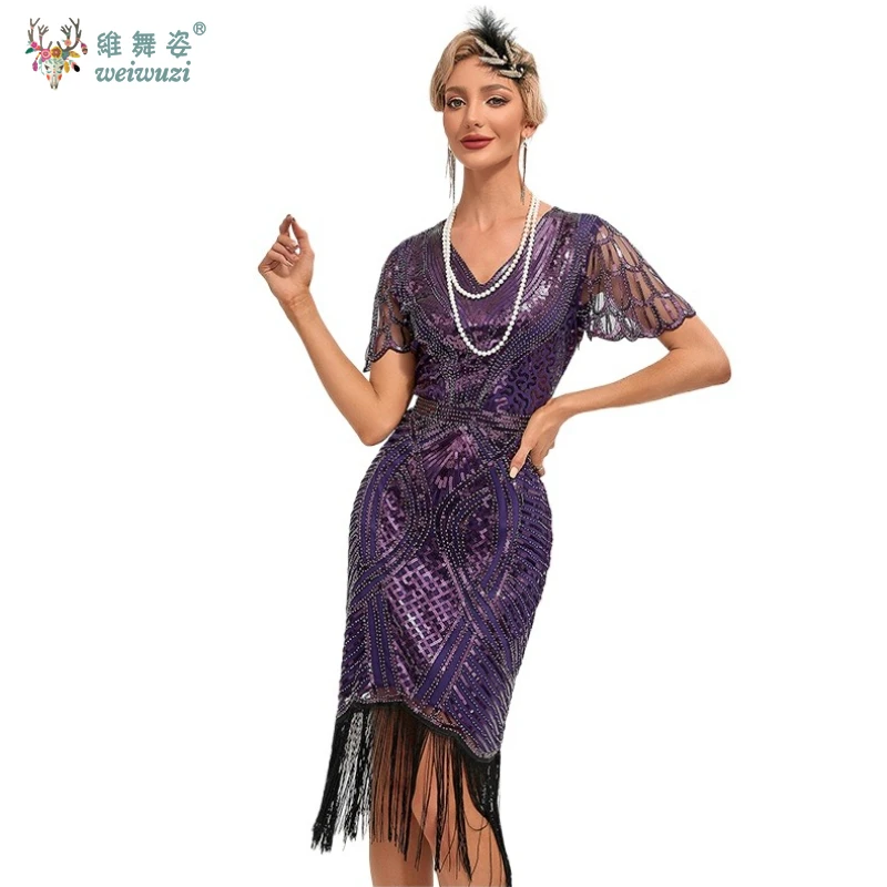 

1920s Elegant V Neck Beaded Fringed Dress Women Vintage Party Sequin Bodycon Semi-Sheer Lace Sleeve Cocktail evening Dresses