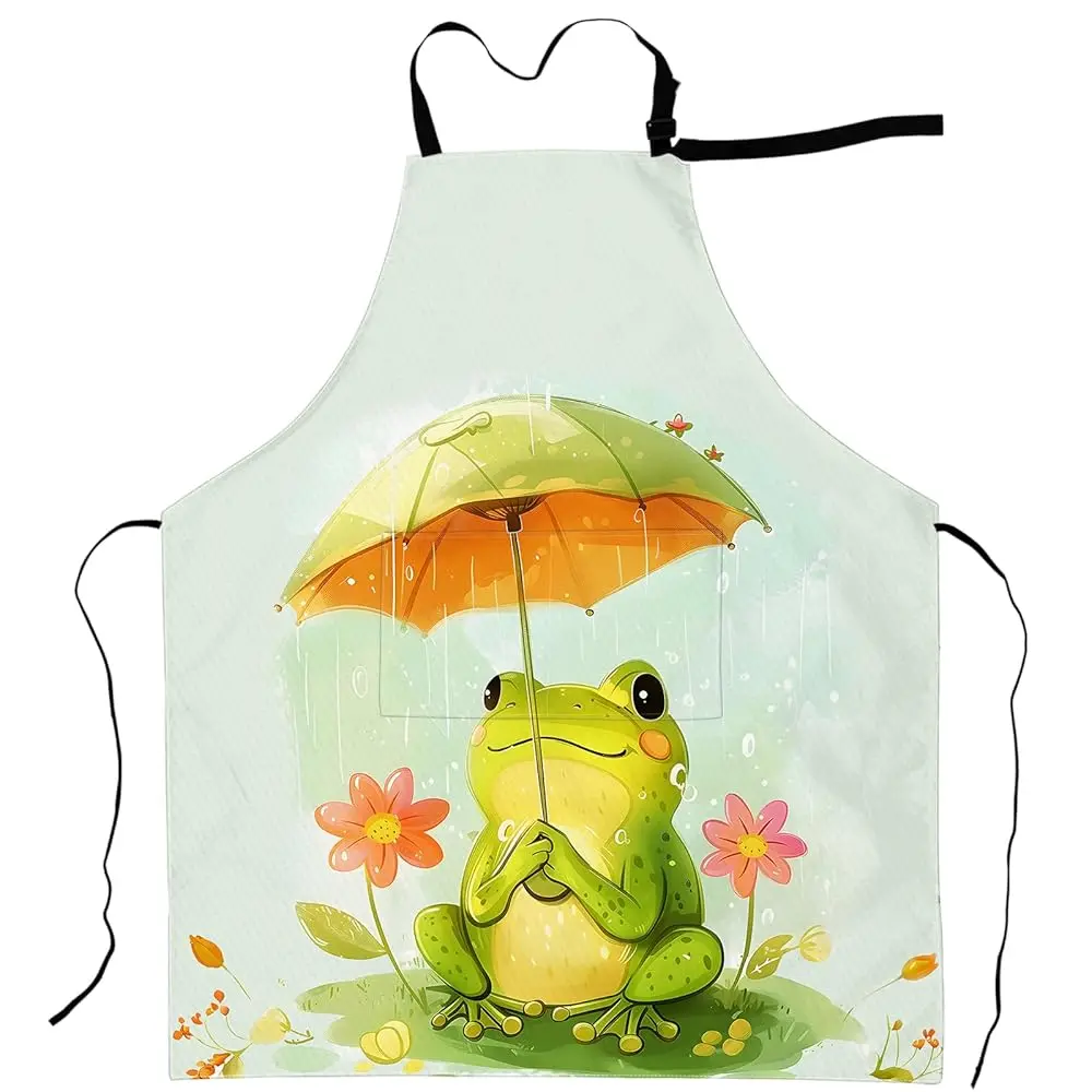 

Cartoon Frog Apron Whimsical Toad with Umbrella and Flowers Aprons Waterproof Oxford Polyester Adjustable Pockets Design for