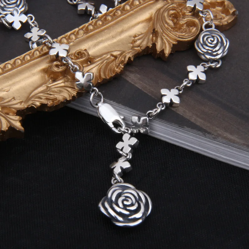 BOCAI NEW S925 Sterling Silver Vintage Personalized Rose Cross Necklace Female Long Sweater Chain Flexible Buckle Positi
