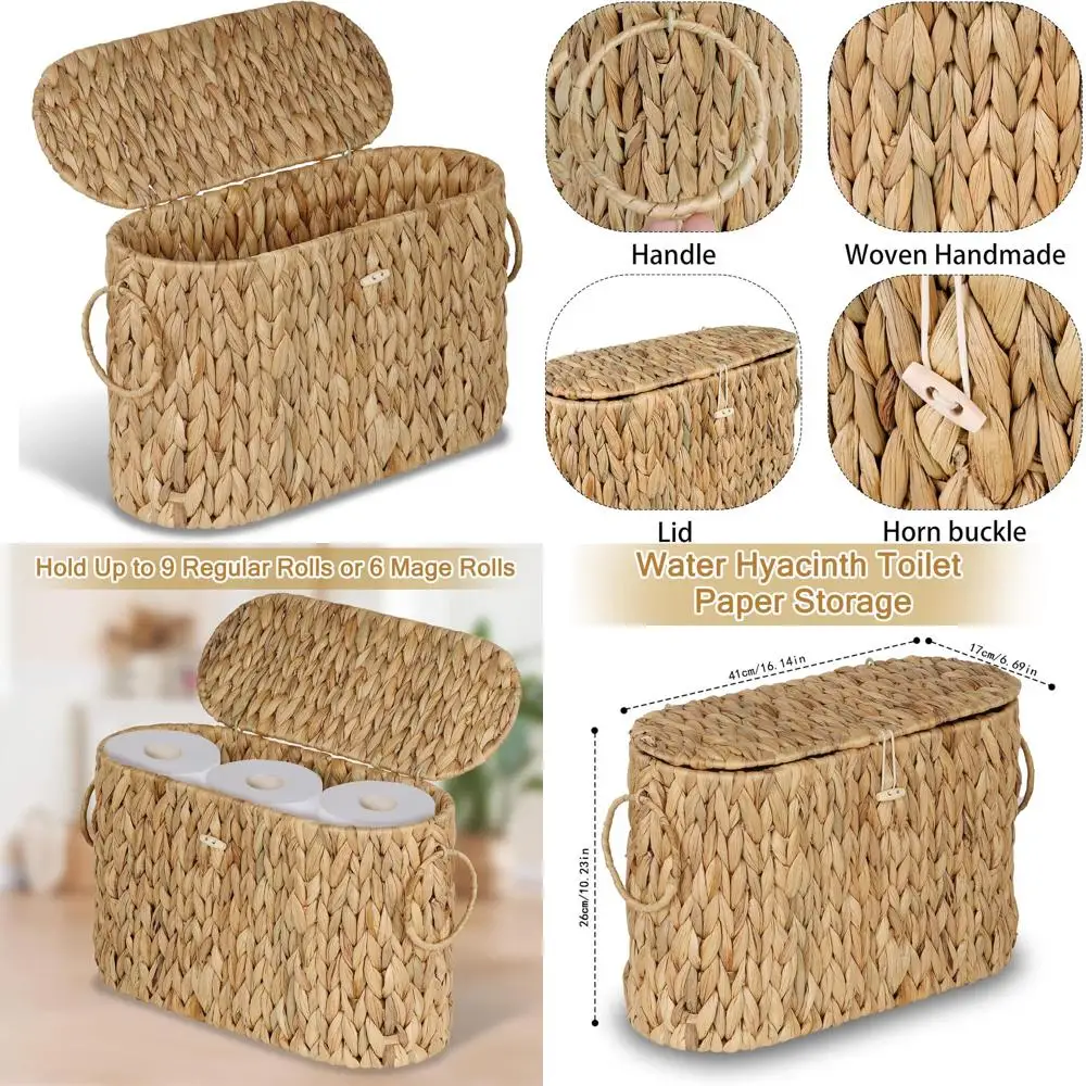 

Toilet Paper Storage Basket, Water Hyacinth Slim Toilet Paper Holder with Lid- Holds Up to 9 Mega Rolls, Home Bathroom Decor Org