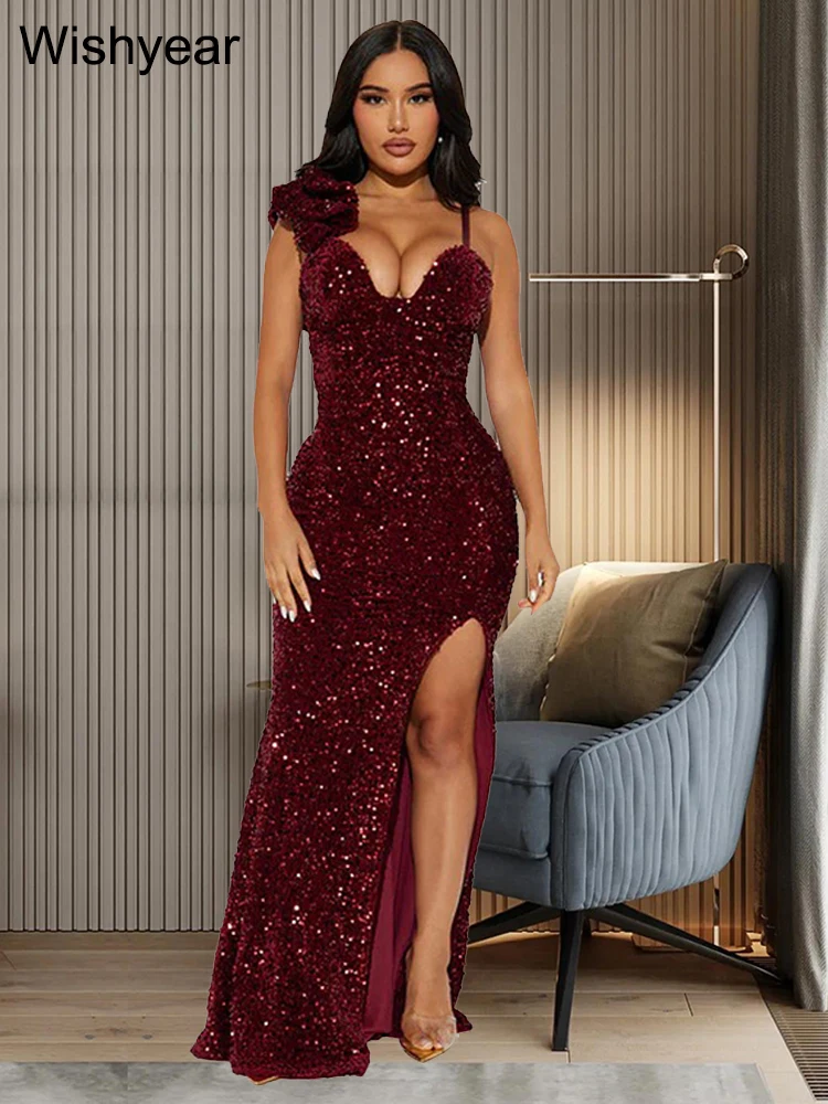 Novo sexy fenda perna acolchoada longo cocktail vestido de baile das mulheres luxo lantejoulas cinta festa à noite vestido de casamento aniversário noite vestidos