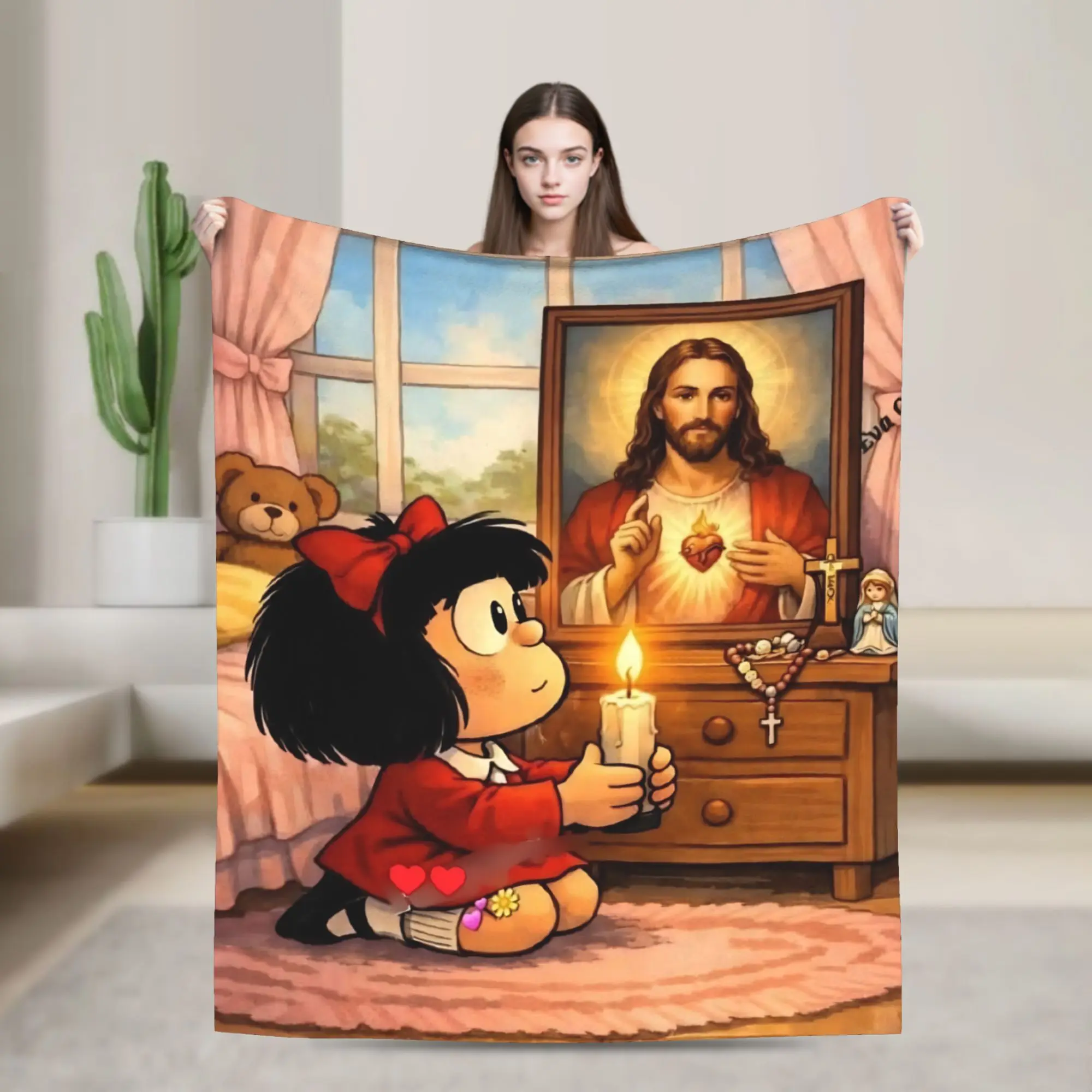 Mafaldas Jesus Prays Velvet Throw Blanket Anime Blankets for Sofa Office Lightweight Thin Quilt