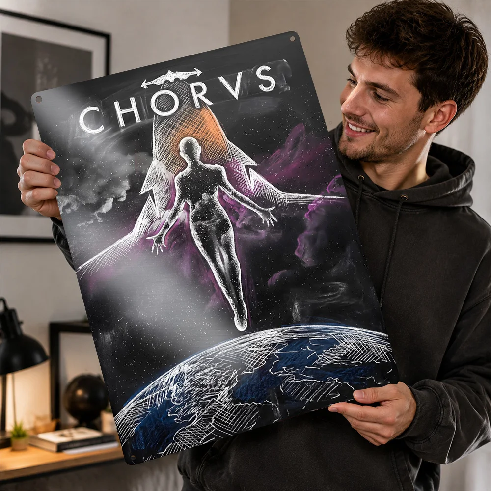 Chorus Space Angel Over Earth Printed Poster Personalized Aluminum Metal Sign Cosmic Mission Style Wall Art Enhances Game Room