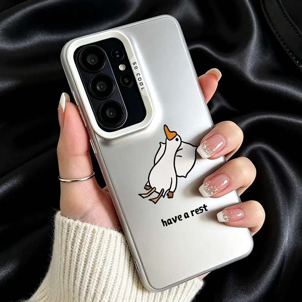 Cartoon Duck Rest Phone Case For Samsung Galaxy S26 S25 S24 S23 S22 S21 S20 Ultra FE Plus Edge Plating Matte Cover