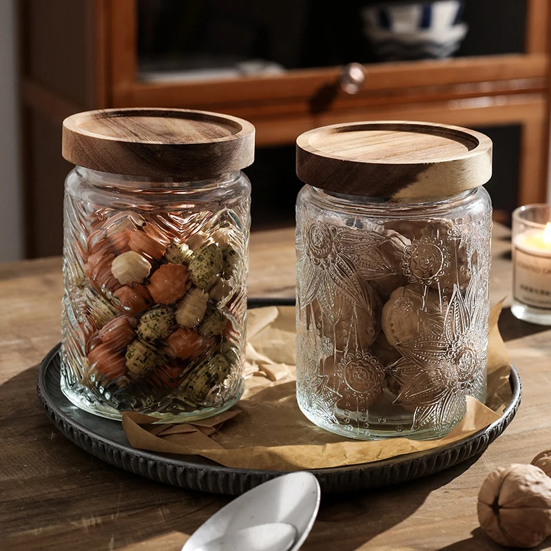 Japanese Retro Embossed Glass Sealed Jar Storage Jar Snack Dried Fruit Jar Glass Jar Kitchen Supplies Storage Jar Ornament