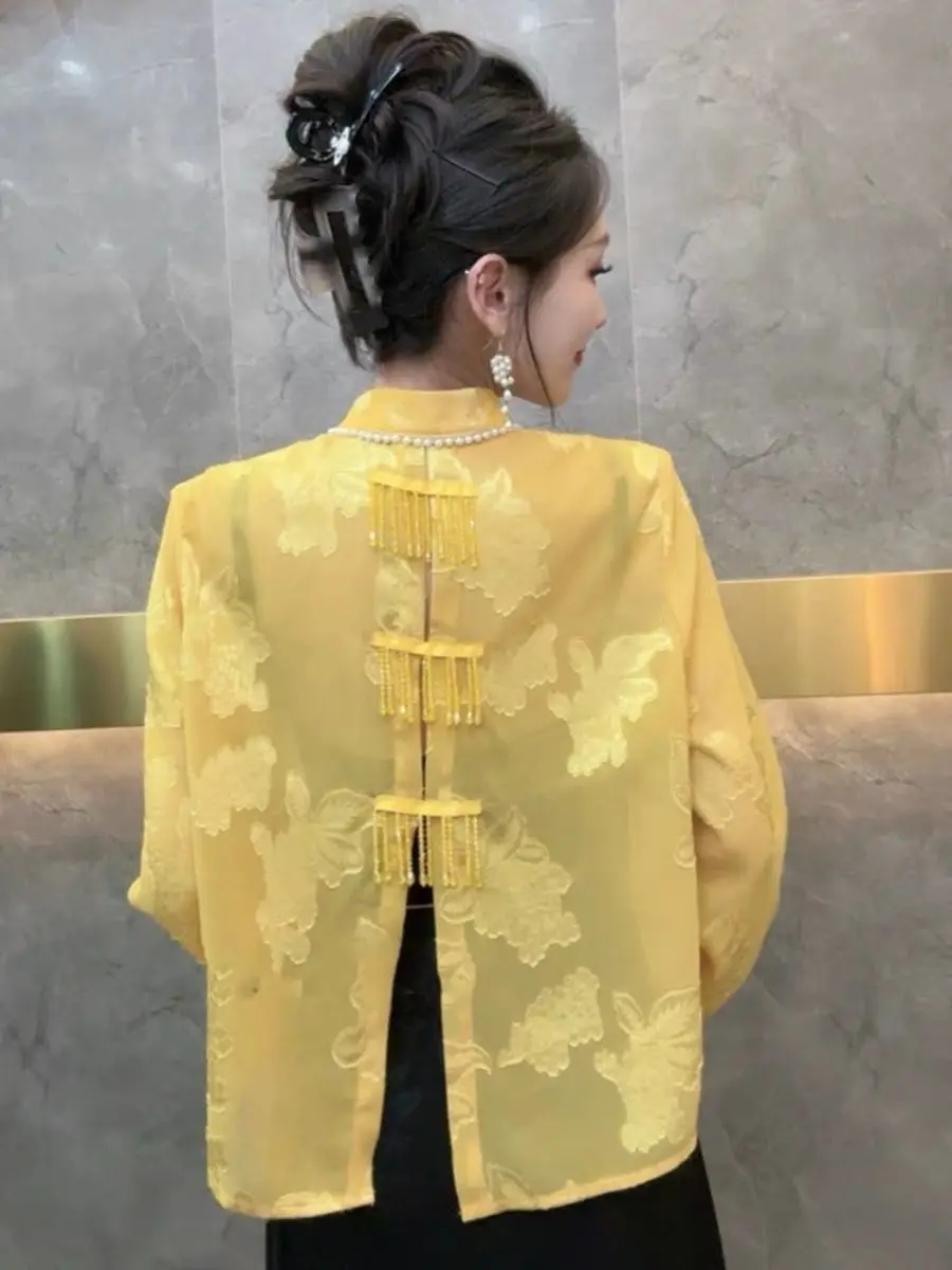 New Chinese Style Thin Sun Protection Coat Female Disc Buckle Jacquard Top Fashion Temperament 2024 Summer Autumn Women's Shirt