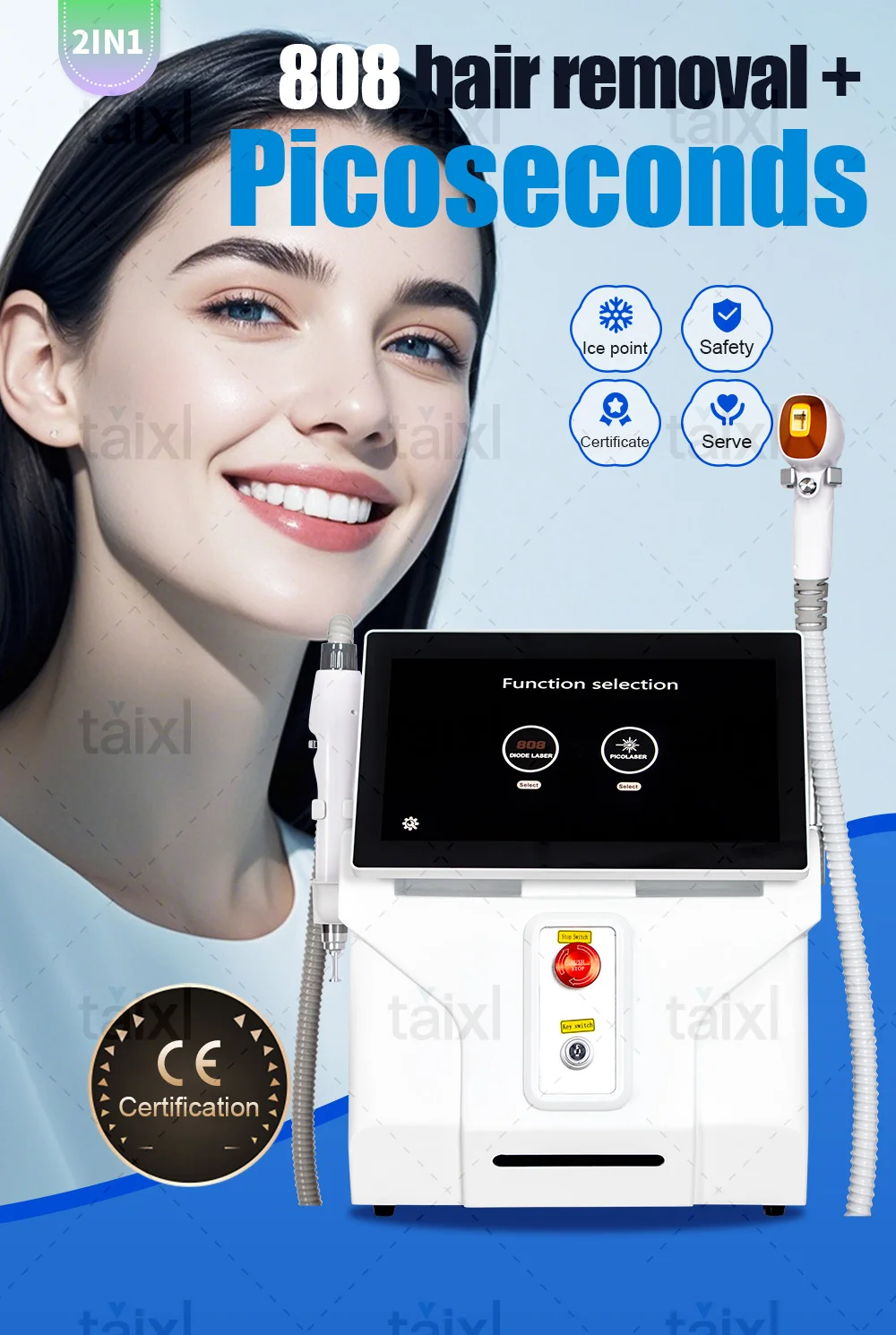 جهاز إزالة الشعر بالليزر، مزيل شعر دائم غير مؤلم للبشرة، آلة علاج تبييض النمش الوشمية سريعة الفعالة