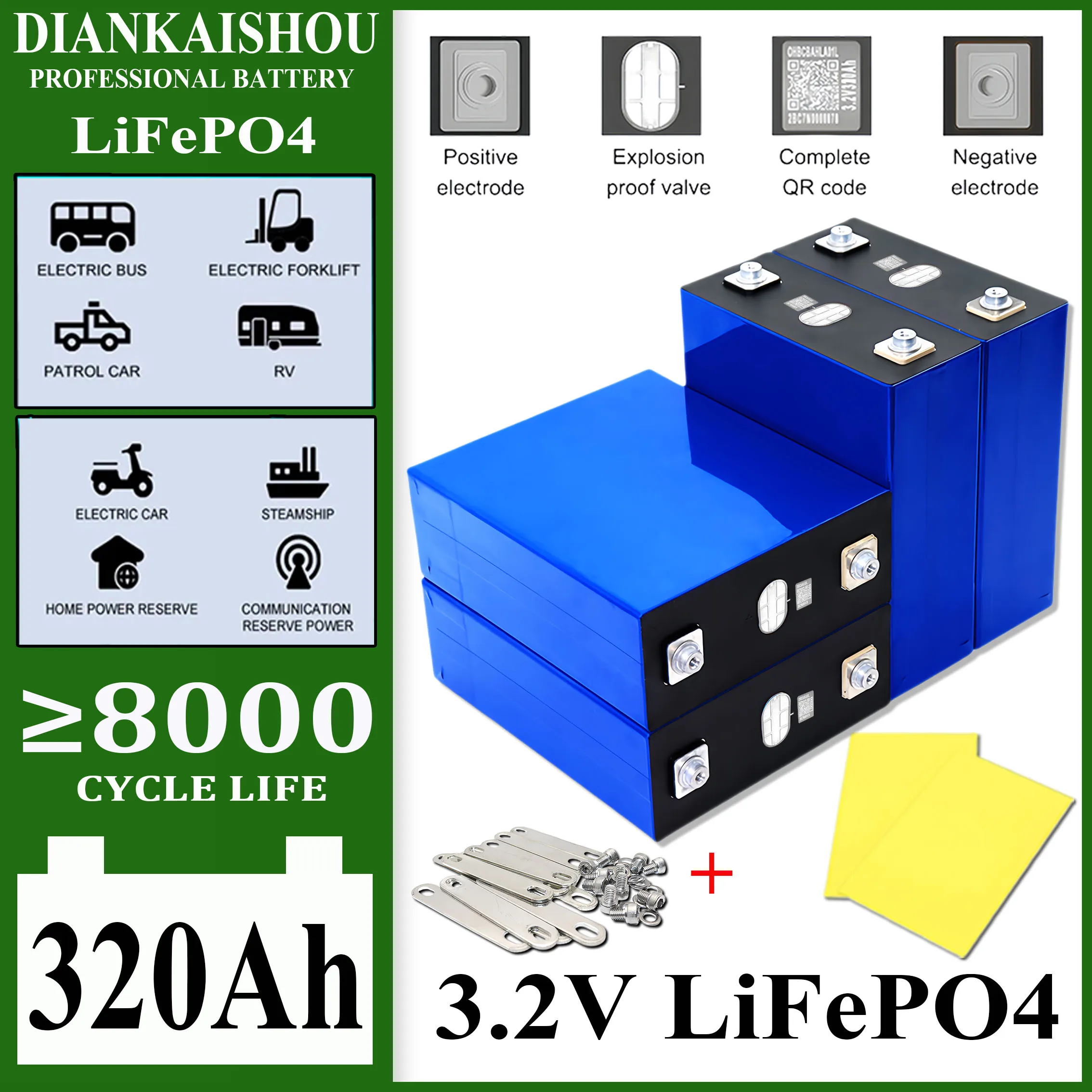 

3.2V 320Ah LiFePO4 Battery Rechargeable Lithium Iron Phosphate Cell DIY 12V 24V 48V RV EV Golf Cart 8000+ Cycles Grade A Cells