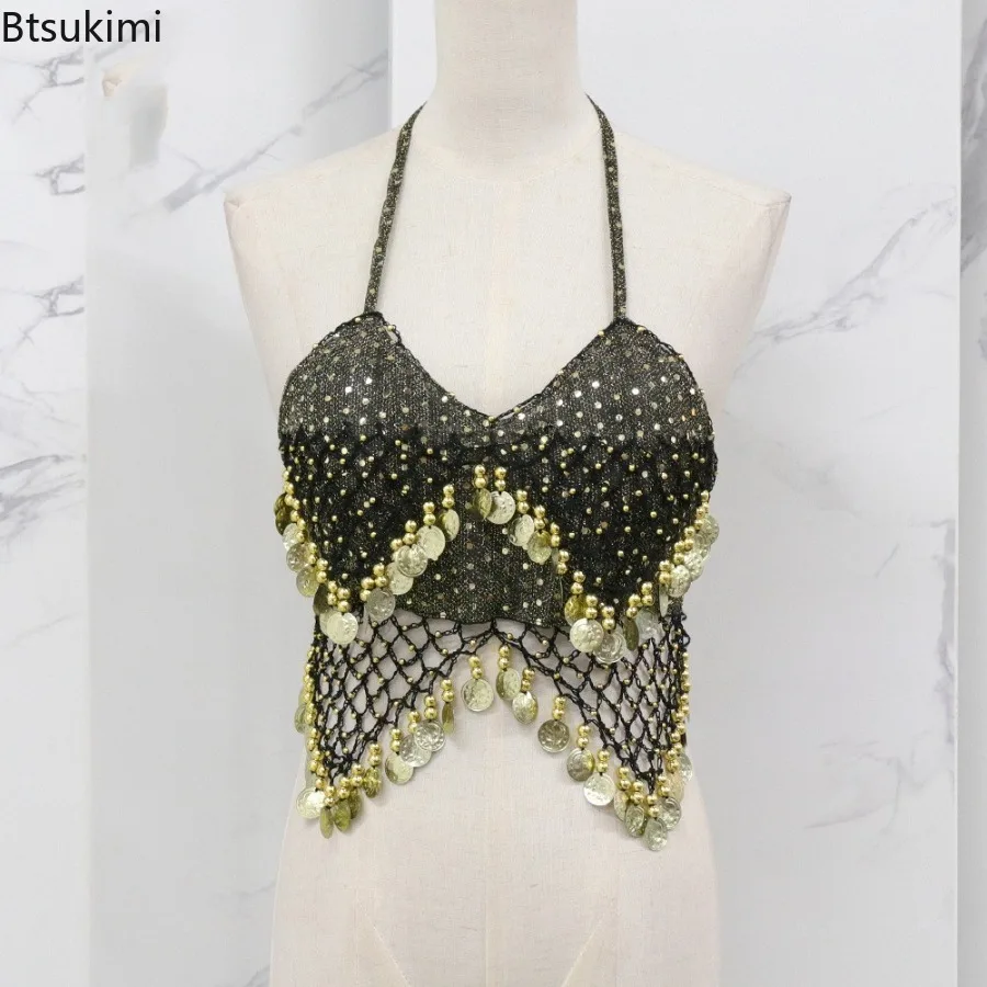 Damski krótki top do tańca brzucha z koralikami, wyraźnymi frędzlami, biustonosz bez pleców, krótki top do tańca sportowego, niezdejmowane wkładki, karnawałowe damskie topy biustonoszowe.